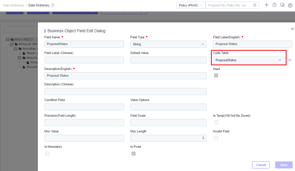 field mapped with code table