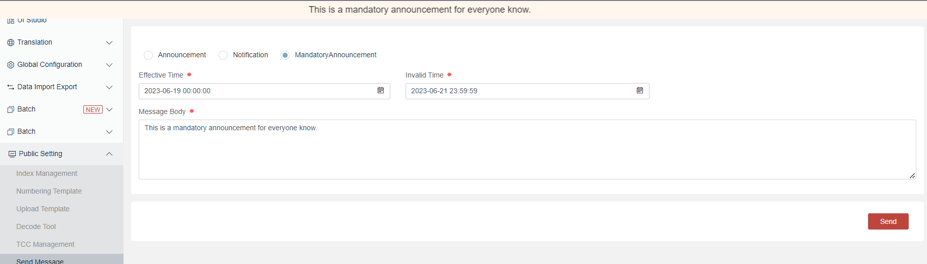 Send Mandatory Announcement